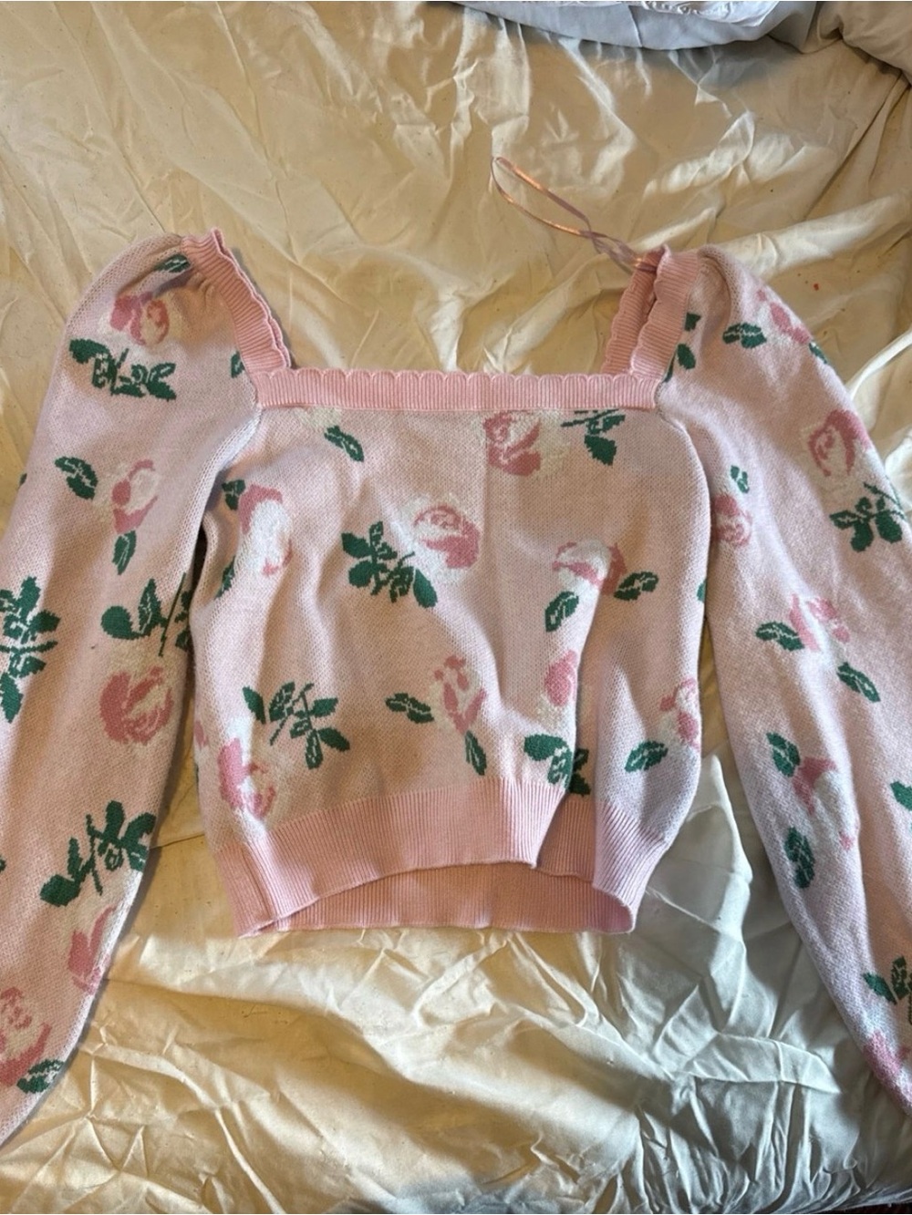 Pink Floral Square-Neck Knit Sweater